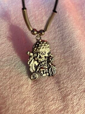 Silver Skull Biker Pendant Necklace - Black Cord Accessory